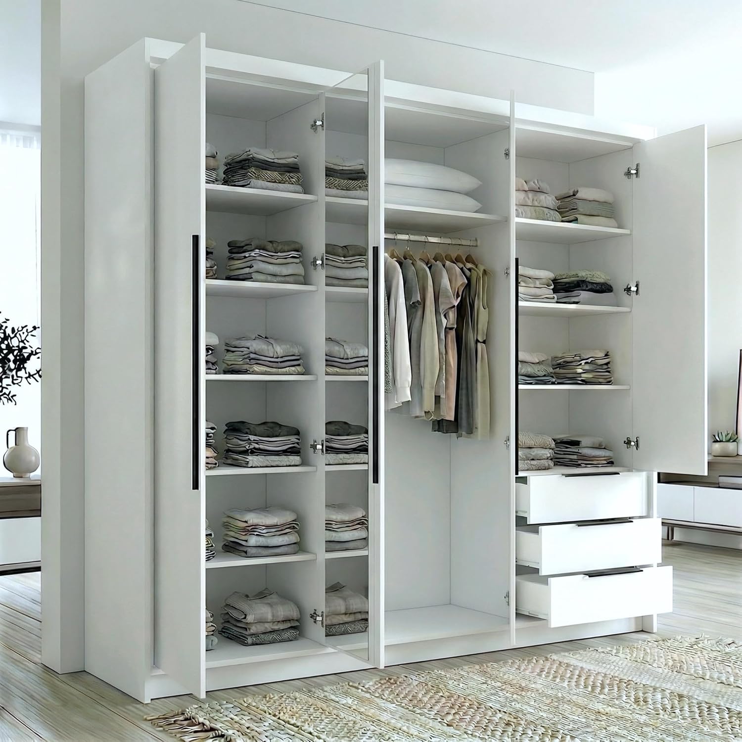 A&J MöbelLand Vivo 4-Türer Kleiderschrank mit Spiegel und Schubladen - 200 x 215 cm