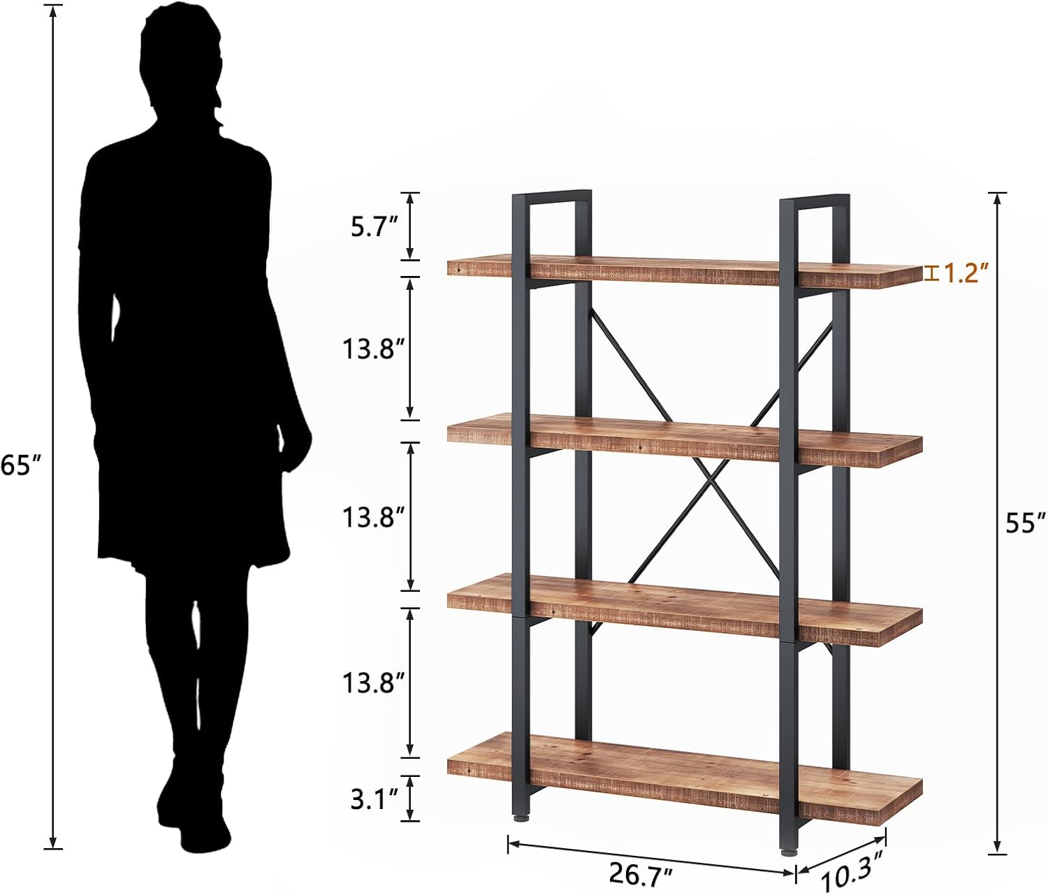 HSH Solid Wood 4-Tier Industrial Bookcase, Rustic Brown