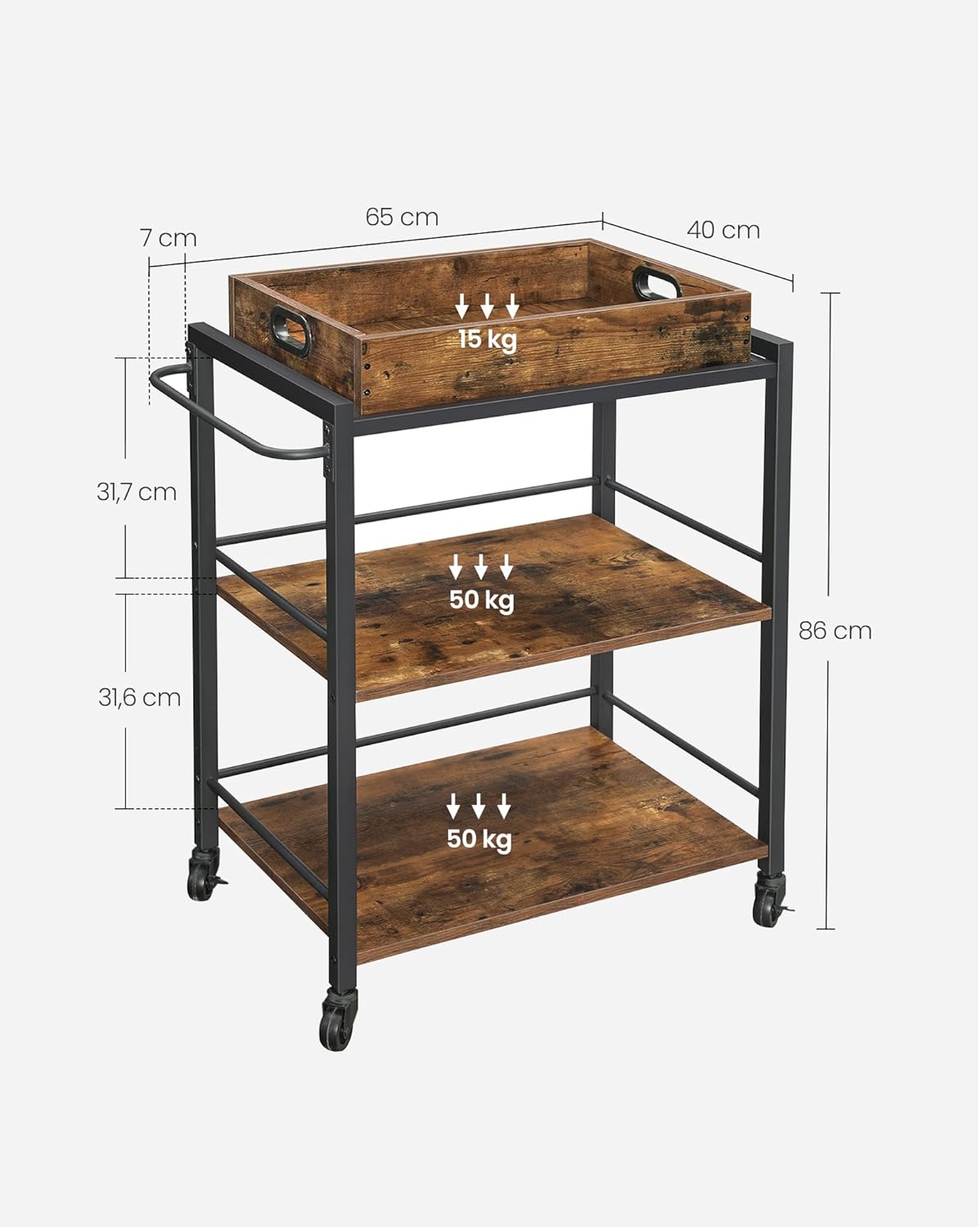 VASAGLE Industrial Serving Trolley with Removable Tray