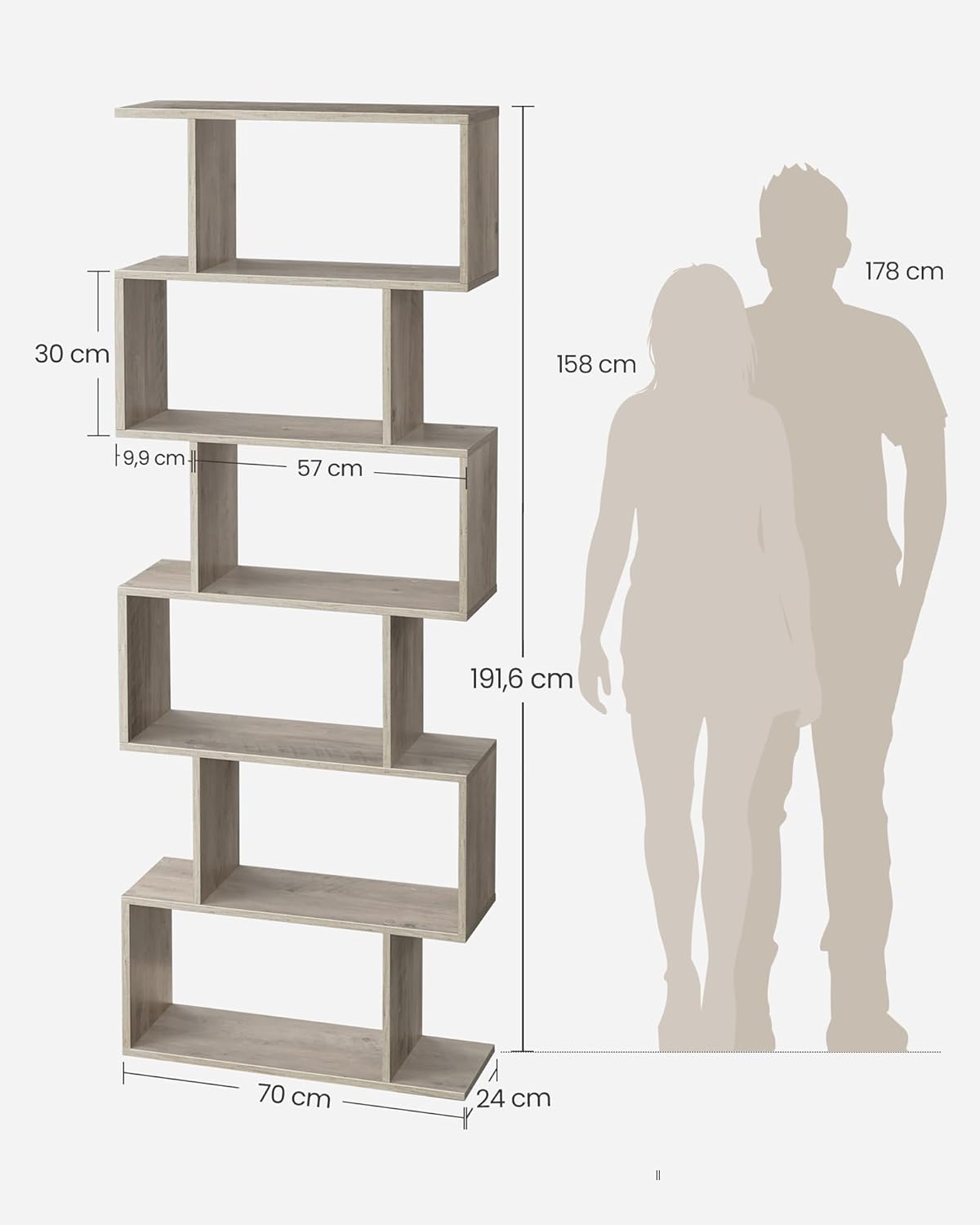 VASAGLE Greige 6-Tier S-Shaped Bookcase