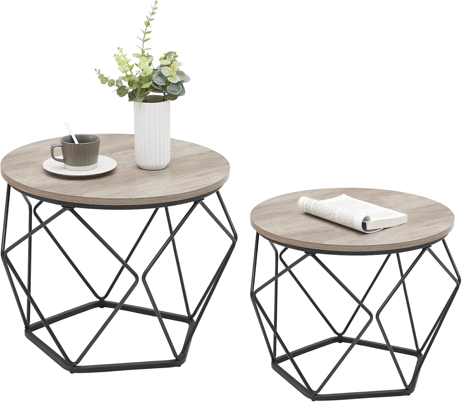 VASAGLE Round Coffee Table, Set of 2, Greige and Ink Black