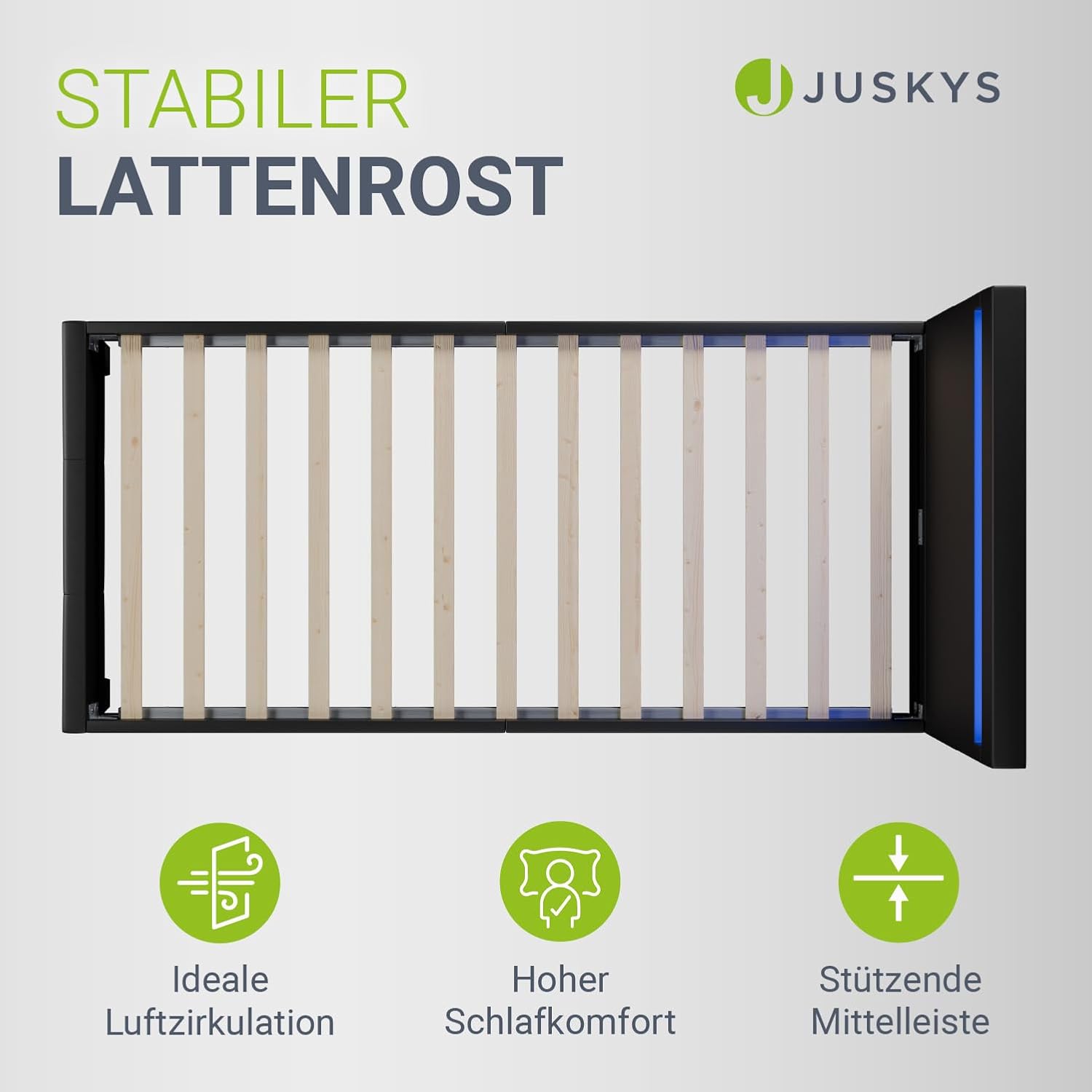 Juskys Paris Upholstered Bed 90 x 200 cm with LED Lighting, Slatted Frame and Headboard, Bed with Frame Made of Wood and Faux Leather Cover, Black