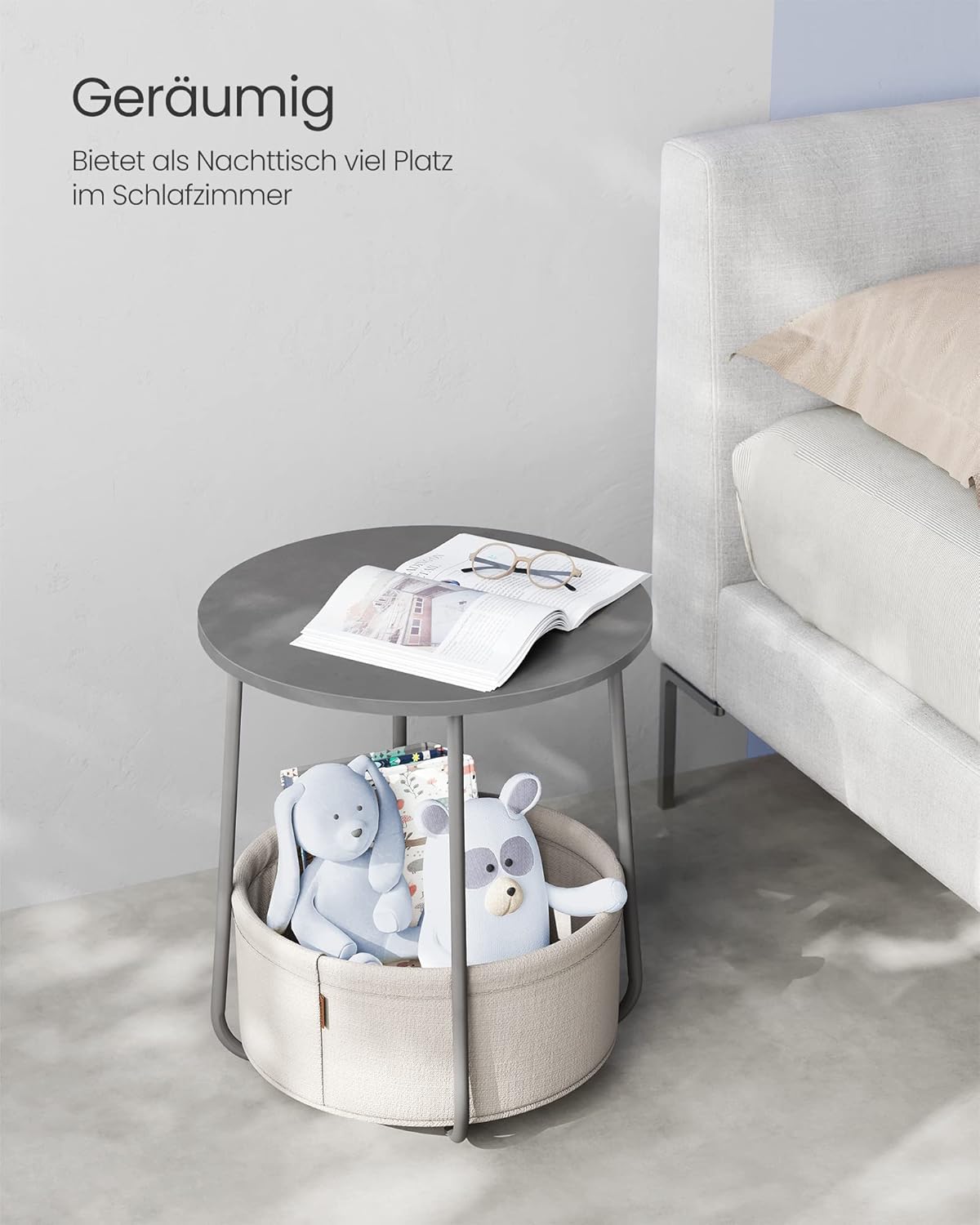 Vasagle Round Side Table with Fabric Basket, Cement Grey/Cloud White