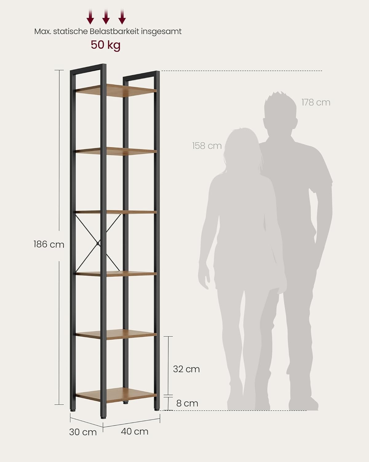 VASAGLE 6-Tier Industrial Bookcase, Dark Walnut and Black