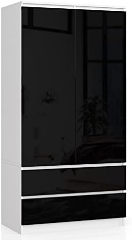 AKORD Two-Door Wardrobe S 90 cm 2 Drawers with Shelves and a Clothes Rail for One Bedroom Wardrobes Minimalist Style Laminated Top 16 mm Colour White/Black Gloss