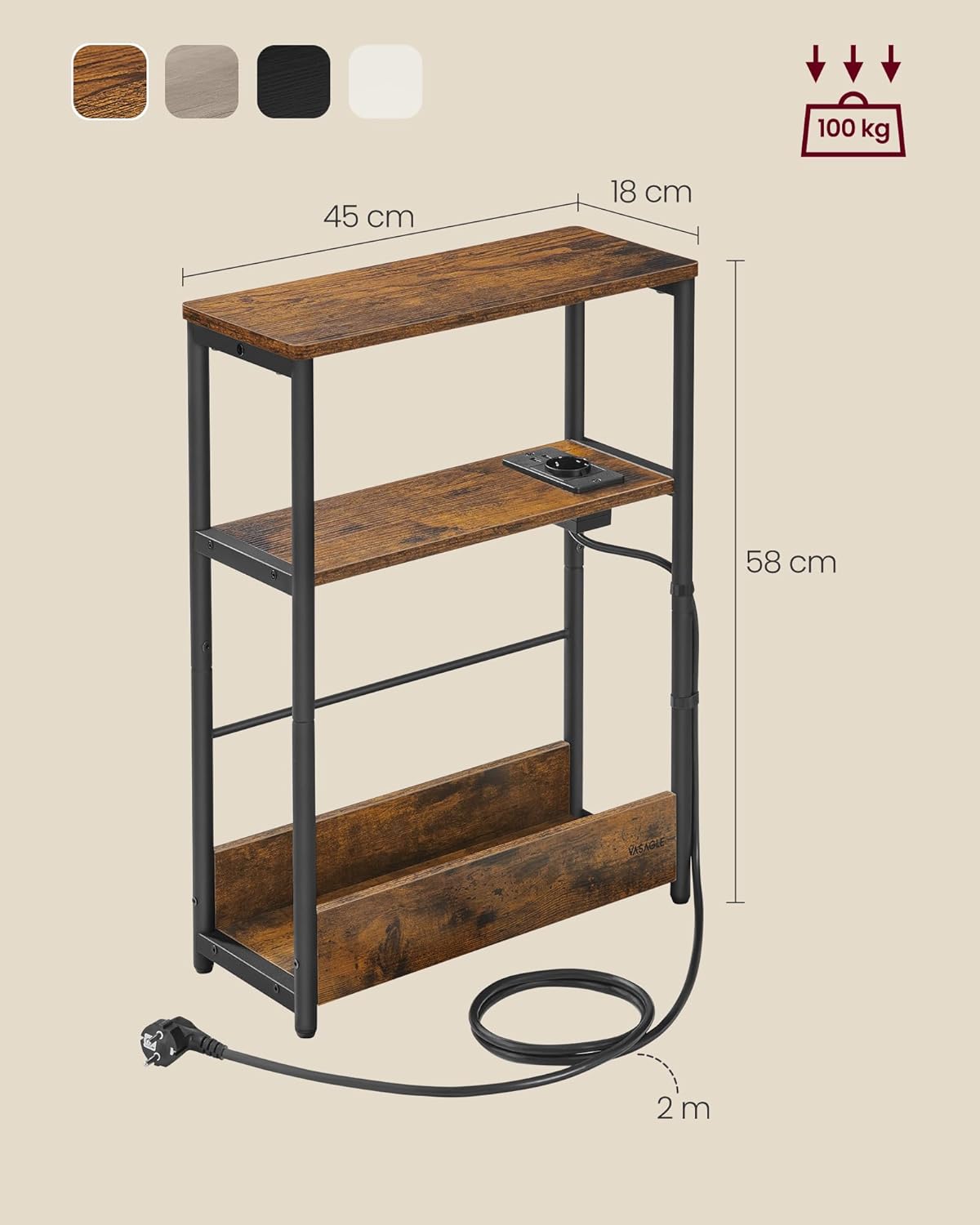 VASAGLE Narrow Side Table with Charging Station, Vintage Brown