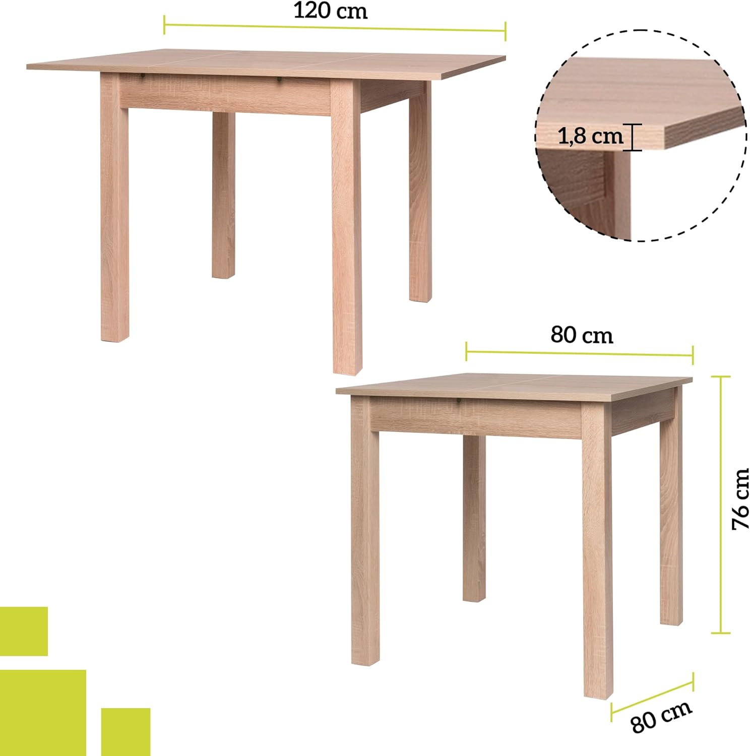 smart Extendable Dining Table, Oak, 80-120 cm