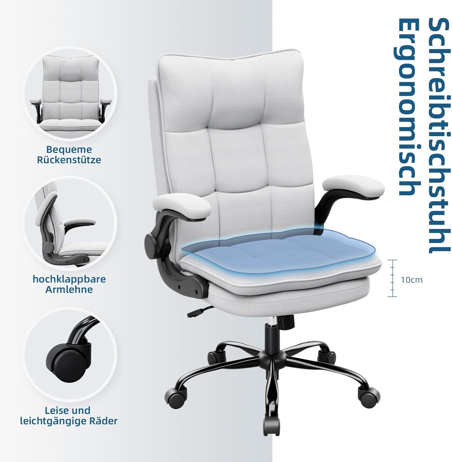 Asukale Ergonomic Executive Office Chair, Grey Fabric, 150kg Capacity