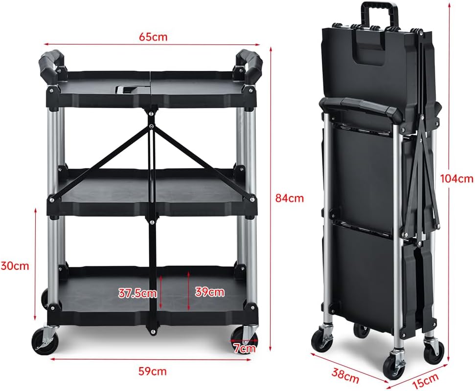 BPT Foldable 3-Shelf Serving Trolley with Wheels, Black