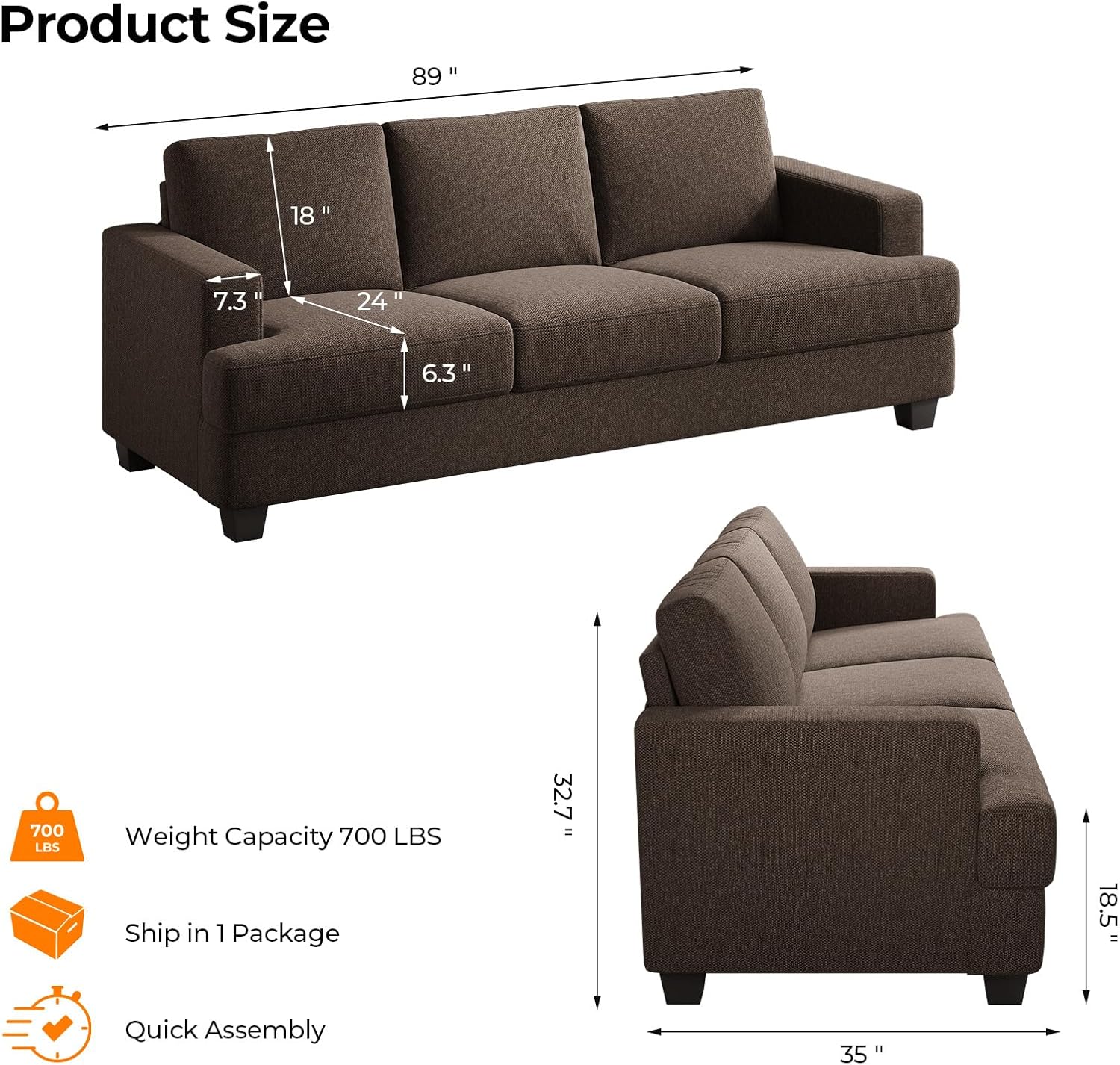 COPIAE 226 cm Padded 3-Seater Sofa with Extra Deep Seat