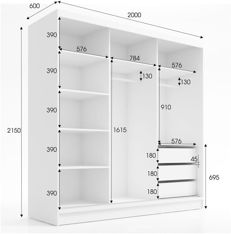 A&J MöbelLand Aurelia 2 Sliding Door Cupboard 3 Door 200 cm with Mirror