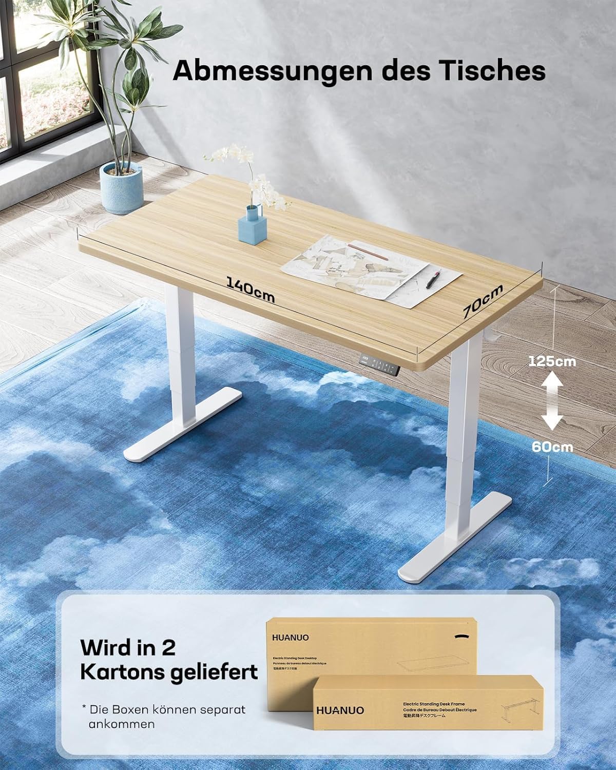 HUANUO Electric Standing Desk, 140x70cm, Natural/White