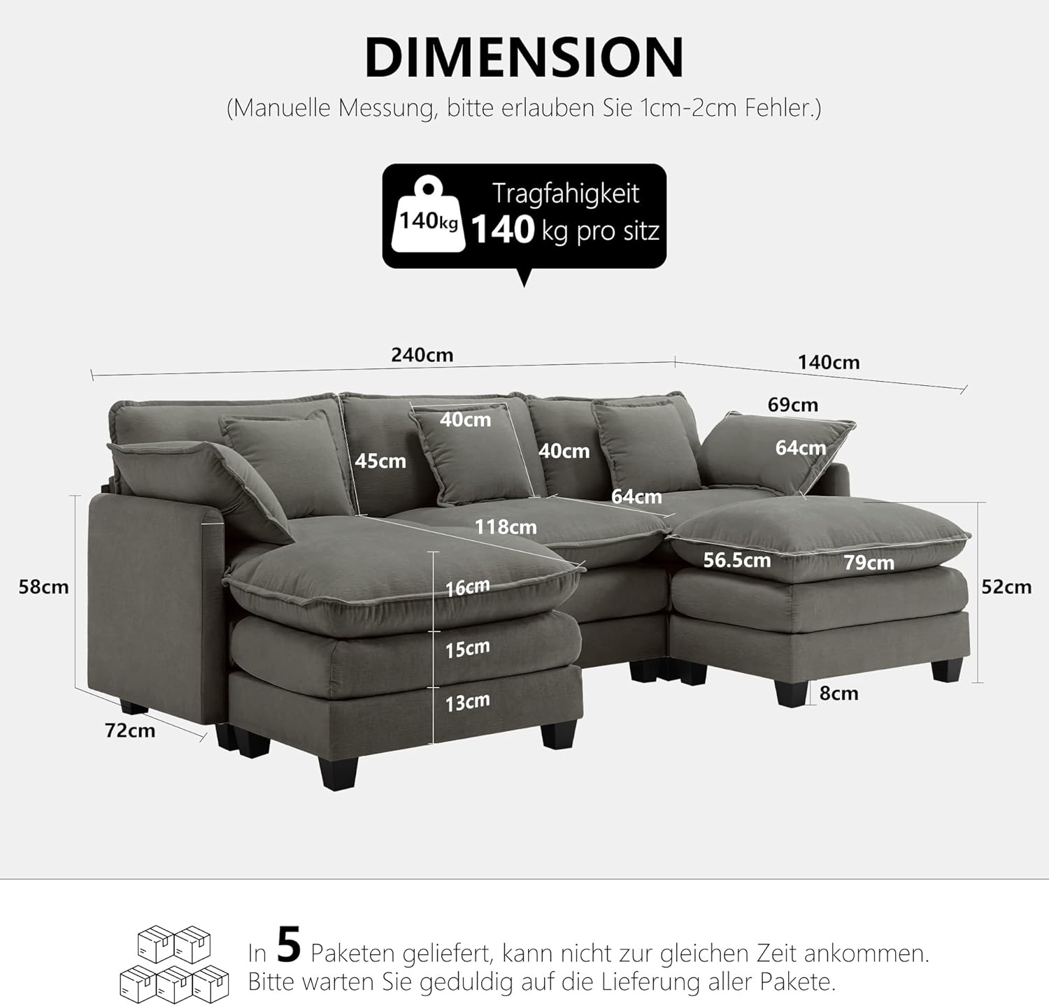 Urhanherry 5-Seater U-Shape Modular Cloud Sofa with 2 Ottomans