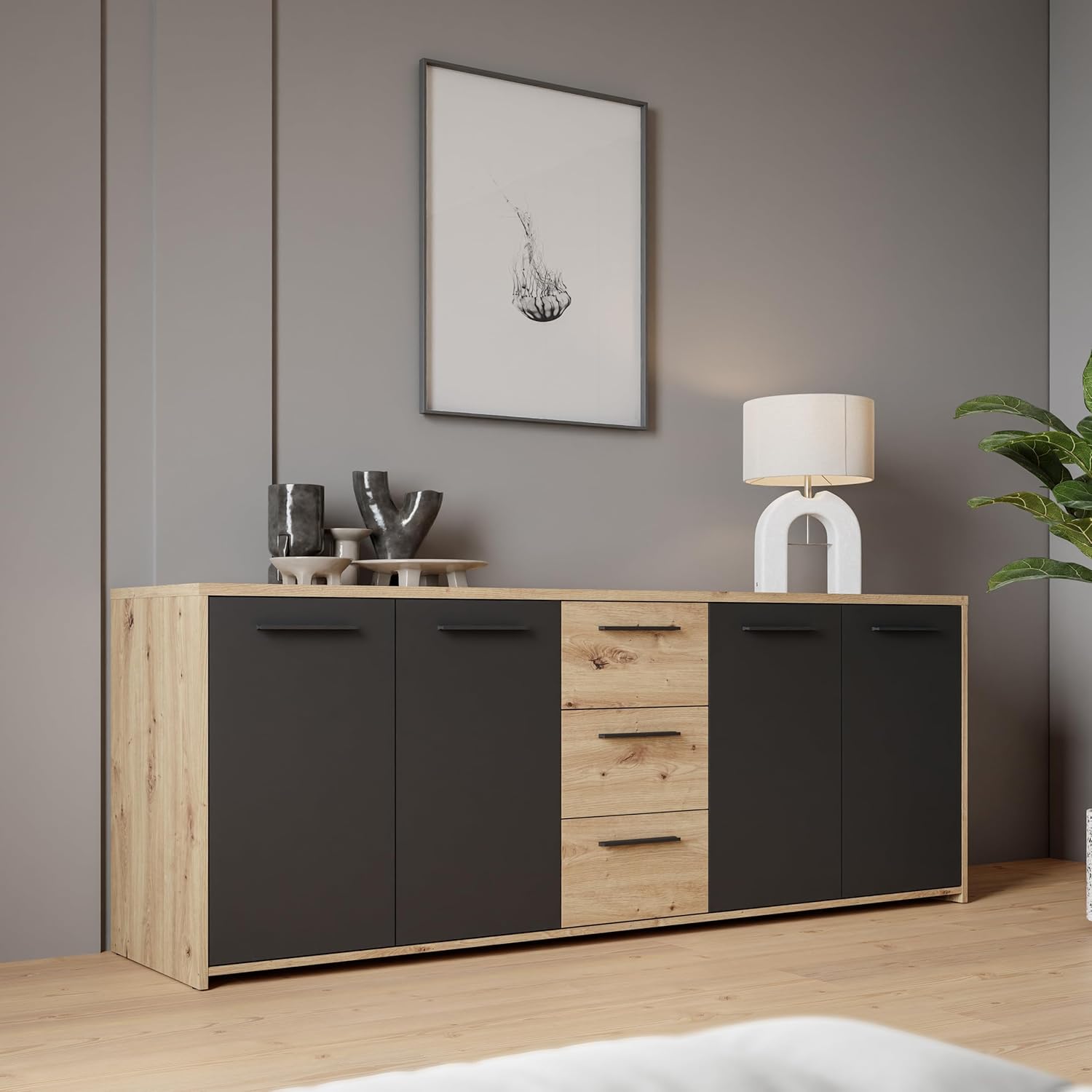 Forte Pilvi Sideboard 180, Artisan Oak & Black, 4 Doors, 4 Drawers