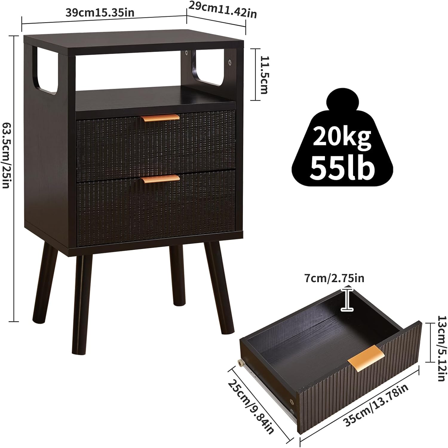 Mid-Century Modern Bedside Table with 2 Drawers, Open Compartment, Solid Wood Legs, 3-Tier Bedside Table for Bedroom and Living Room, Black YD-TM063B