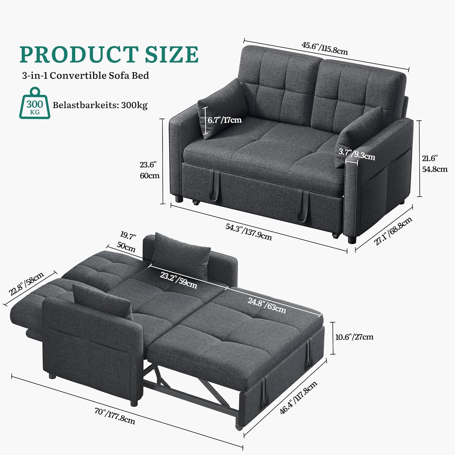 YITAHOME 3-in-1 Convertible Sofa Bed with Side Pockets