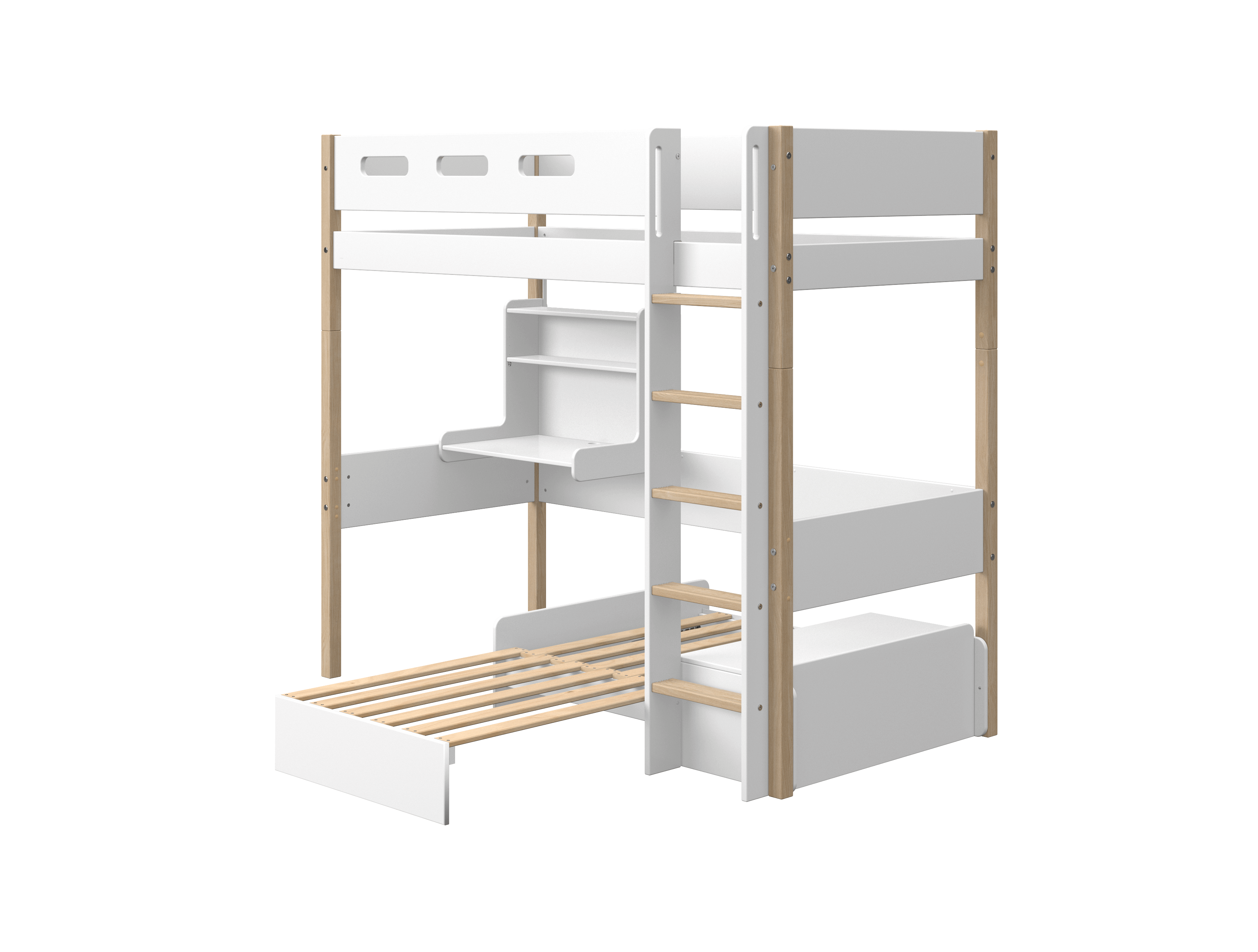 High Bed 184 cm with Sofa, Desk, Ladder and Safety Rail, 90x200 cm, White/Oak